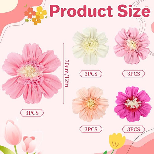 15Pcs Tissue Paper Flower,12" Large Crepe Tissue Fiesta Flowers ,Handmade Colorful Giant Crepe Artificial Flowers Decorations for Wall,Birthday Wedding Backdrop Bridal Baby Shower Party Supplies