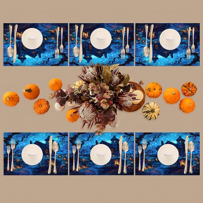 Halloween Castle Scary Blue Placemats Set of 1 PVC Vinyl Non Slip Table Mats Heat Resistant Place Mats Washable Wipeable Dining Table Mat for Kitchen Decor Party Indoor Outdoor Decorative Gift