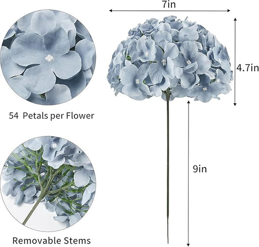 DuHouse Silk Hydrangea Artificial Flower Heads with Stems Fake Hydrangeas Flowers for DIY Wedding Centerpiece Home Decor,Pack of 6 (Dusty Blue)