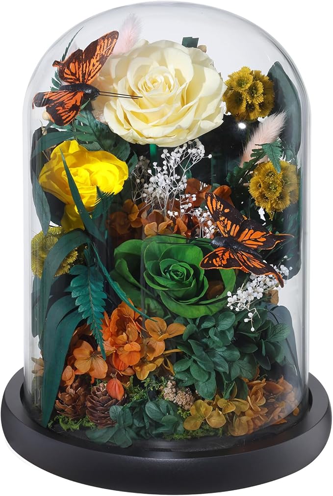 Preserved Rose with Butterfly, LED Forever Flowers in Glass Dome, Eternal Flowe for Women, Birthday Gifts for Mom Friend, Includes Greeting Card & Luxury Gift Box (Green)