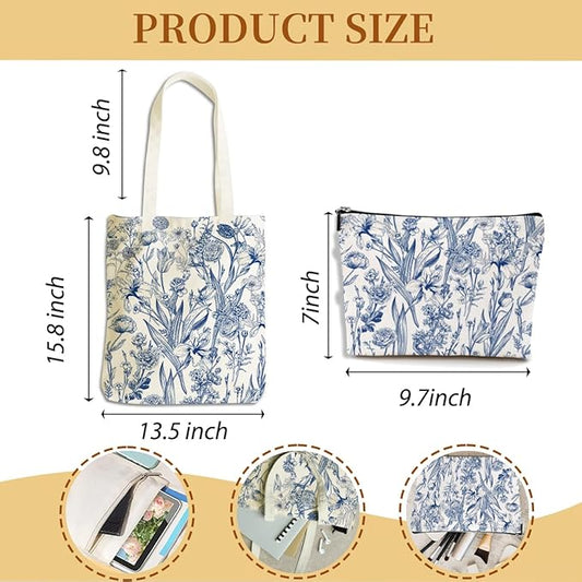 Flower Plant Lover Gifts for Women Canvas Tote Bag with Makeup Bag Cosmetic Bags Grocery Bags for Shopping Christmas