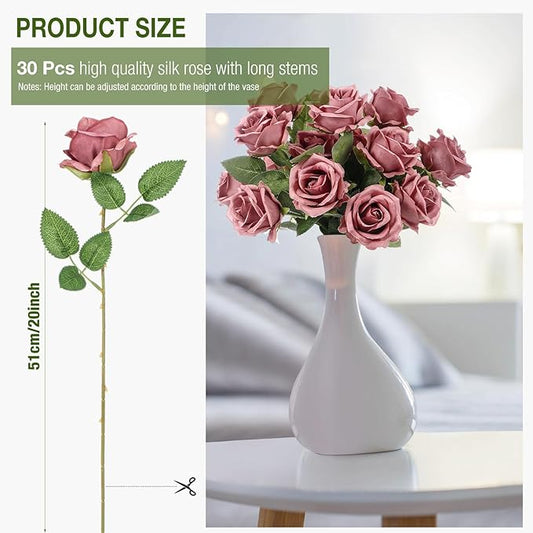 30 Pcs Rose Artificial Flowers in Bulk Real Touch Long Stem Silk Roses Bouquets Realistic Faux Flowers for Wedding Bridal Shower Home Decor Floral Arrangements Table Centerpiece(Dusty)