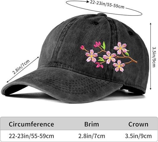 Cute Flower Hat, Elegant Floral Embroidered Adjustable Baseball Cap for Men Women, Gifts for Flower Lovers, Black