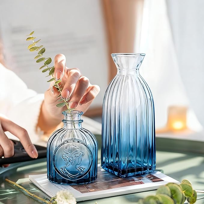 Bud Vases Set of 12, Small Mini Glass Vases for Centerpieces - Elegant Vintage Style - Perfect for Table Decor, Wedding, Party Centerpieces - Great Gift for Home Decor Lovers (Ombre Blue)