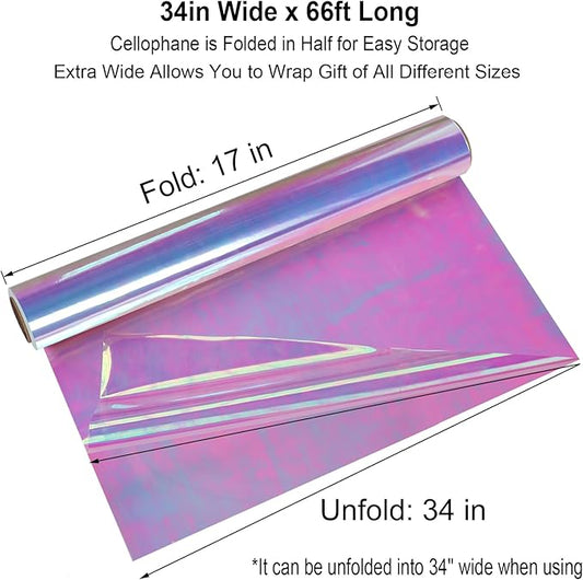 34 in x 66 Ft Iridescent Cellophane Wrap Roll - Extra Wide Cellophane Paper - Iridescent Transparent Cellophane Roll Plastic Wrap for Gift Baskets, Treats, Crafts, Party & Christmas Gift Wrapping