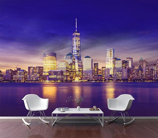 Eierme-New York City Skyline lit up at Night time Reflecting Off of The Hudson River 90" x 67"