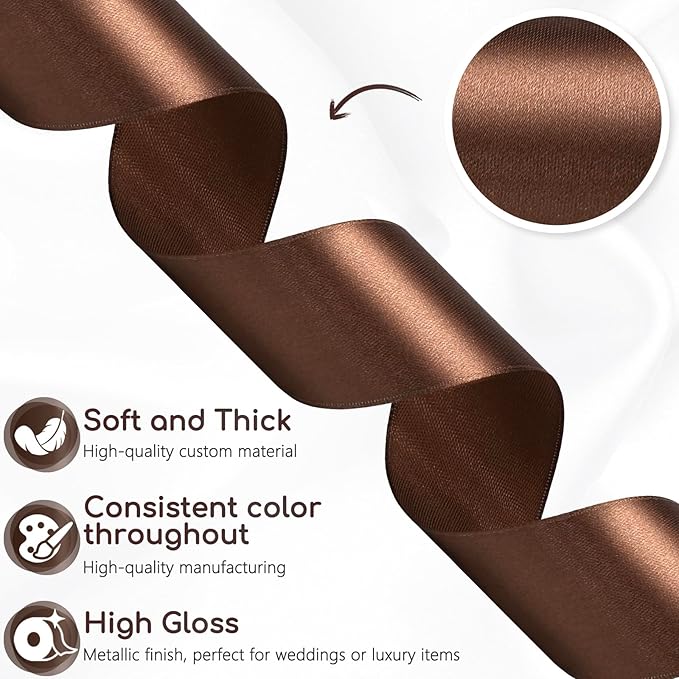 Brown Ribbon 1-1/2 Inch 30 Yards Solid Brown Satin Ribbon for Flower Bouquet, Fabric Ribbon for Gift Wrapping Crafts Hair Accessories Eternal Flower Wedding Christmas