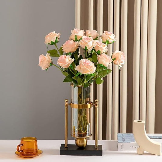 Pink Fake Roses Artificial Flowers - 10 Pcs Fake Artificial Roses Silk Flowers with Stems for Home Wedding Hotel Office Centerpiece Decor(Champagne Pink)