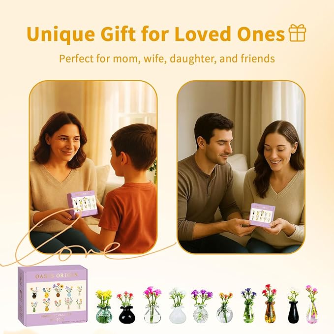10-Pack Magnetic Mini Glass Vases Set with 30+ Flowers – Slam-Proof Strong Magnet for Fridge, Locker & Office Decor – Crystal Clear Bud Holders for Propagation for Women