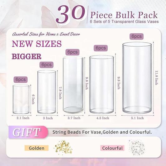30pcs 11.8Inch Large Size Glass Vase Cylinder for Centerpieces Small Flower Glass Clear Home Decor Centerpiece Table Flower Vase Decorations for Wedding&Holiday 6,7.9,10,10,11.8Inch Tall