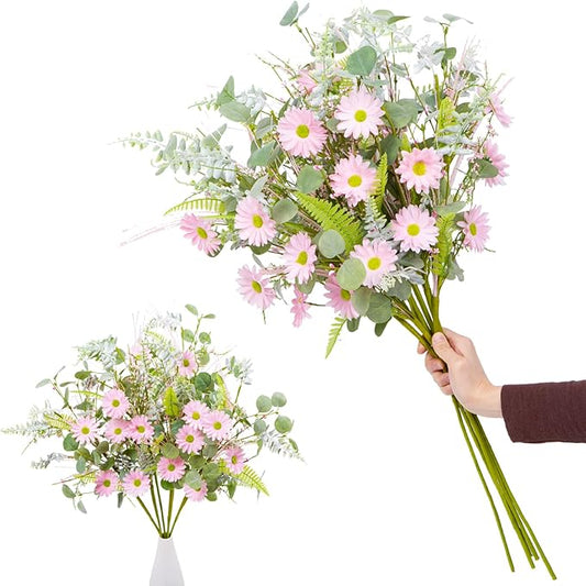 Artificial Pink Daisy Floral Stem with Eucalyptus and Greenery - 30 Inch 6 Bundles Faux Flower for Spring Summer Realistic Silk Flowers for Home Wedding Decor
