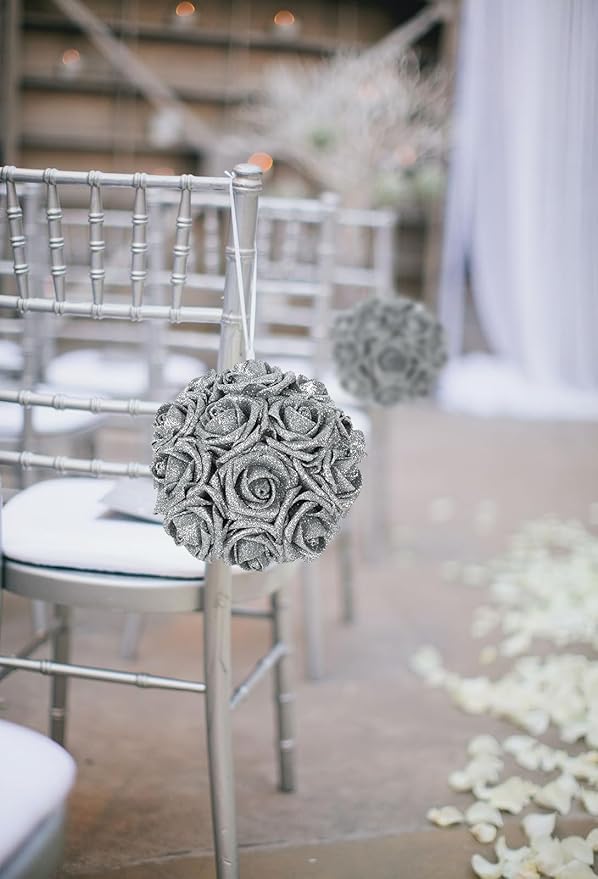 Glitter Silver Roses Artificial Flowers 30pcs Silver Flowers Artificial Roses with Stems Glitter Roses for Wedding Corsage Floral Bridal Shower Centerpieces Table Decor