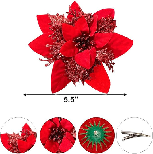 Zhuqing 15Pcs Christmas Poinsettia Artificial Flowers Decorations, Glitter Poinsettia Christmas Tree Ornaments,All Red Tree Flowers for Xmas/Party/Holiday/Wreath/Garland Decor, with Cilps, 5.5 Inch
