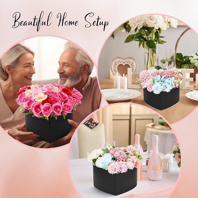 Nuenen Heart Shaped Flower Gift Boxes, Floral Gift Box with Lids Floral Foam Clear Cellophane 9.8 x 9 x 5 Inches for Birthday Wedding Proposal Packaging Arrangements(Black)