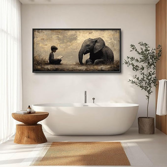 Elephant Large Wall Art Boy Reading Pictures Wall Decor Animal Canvas Elephant Print Painting Modern Artwork Home Decoration for Living Room Bathroom Bedroom Office Framed 60"x30"