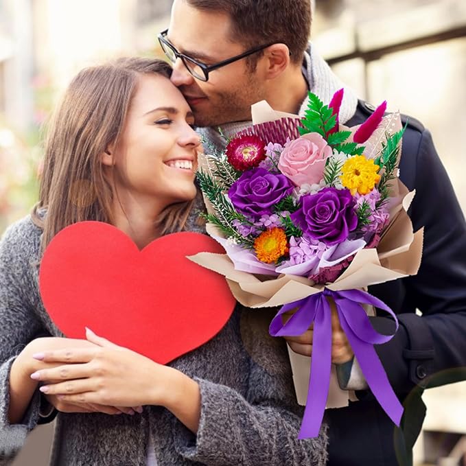 Forever Flowers Gifts for Her, Preserved Flowers Bouquet Birthday Gifts for Women, Preserved Roses for Grandma Wife Anniversary Valentine's Day Mother's Day (Purple Paper)