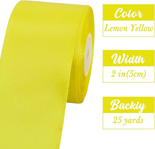 TONIFUL 2 In x 25 Yds Wide Light Yellow Satin Ribbon Solid Fabric Ribbons Roll for Crafts Chair Sash Valentine's Day Gift Wrapping Invitation Cards Floral Hair Bows Sewing Party Wedding Car Decoration