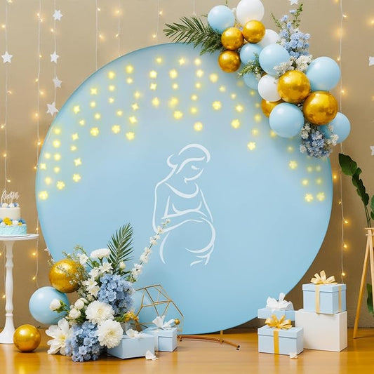 6.6 FT Baby Blue Round Backdrop Cover with Lights String for Circle Arch Stand, Circle Backdrop Covers with LED Fairy Lights for Wedding Baby Shower Boy Birthday Party Photo Shoot Background