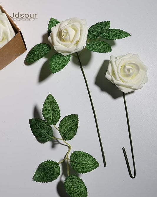 50pcs Artificial Flower,Real Touch Foam Roses w/Stem DIY for Wedding Bouquet Centerpieces Party Shower Home Decor-Ivory