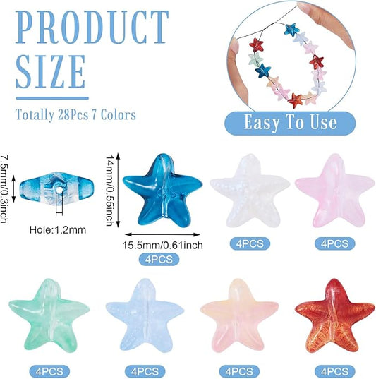 28Pcs 14mm Glass Star Beads Colorful Crystal Star Beads Ocean Animal Starfish Spacer Bead Five-Pointed Pentagram Bead for DIY Crafts Earring Lanyard Necklace Bracelet Jewelry Making