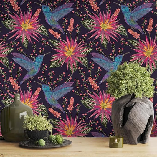 Abstract Black Pink Hummingbird Floral Peel and Stick Wallpaper Easy Peel Off Contact Paper Stick on Adhesive Wall Paper for Bathroom Waterproof Renter Friendly