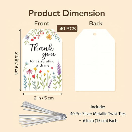 40 PCS Floral Thank You for Celebrating with Me Birthday Tags, Pastel Wildflower Favor Tag, Spring Baby in Bloom Shower Thank You Favor Tag, Floral Birthday Party Tags, 2x3.5