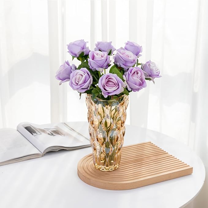 Hawesome Fake Roses Artificial Silk Flowers - 12 Pcs Purple Roses Artificial Faux Flowers with Stems for Home Wedding Centerpiece Hotel Office Decor
