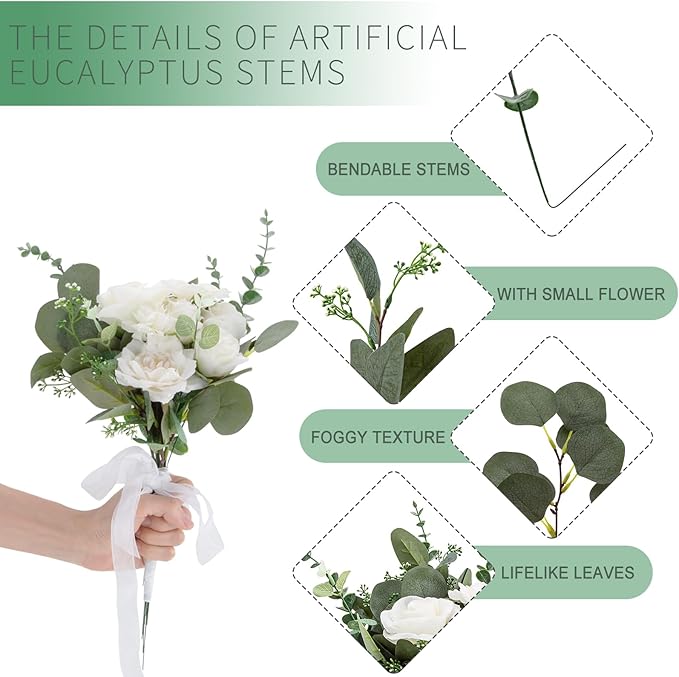 Cliselda 40 Pcs Artificial Eucalyptus Leaves Stems, 5 Kinds Mixed Fake Greenery Stems Bulk, Silver Dollar Eucalyptus Stems Bundle Faux Greenery Branches for Wedding Floral Arrangement Centerpiece