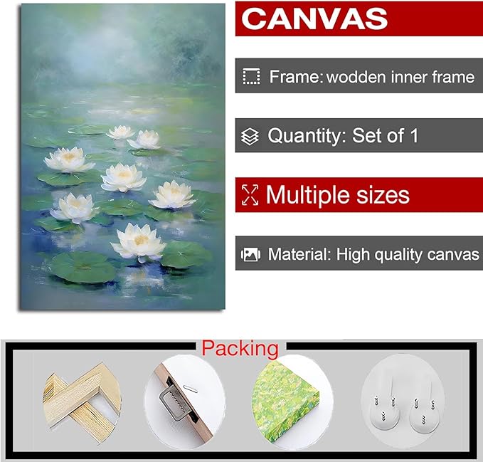 Zen wall art Delicate white lotus flower floating on calm water Vintage oil painting print Serene aquatic wall art creates a tranquil home decor 8x12in Wood Framed