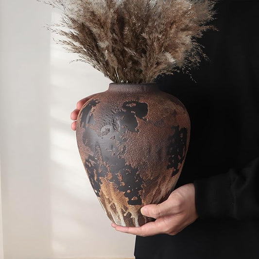 Rustic Vase for Flowers, 8.9'' Brown Farmhouse Ceramic Vases for Home Decor, Minimalist Decorative Vase for Living Room, Entryway, Shelf, Premium Pottery Clay Table Centerpiece Decor.