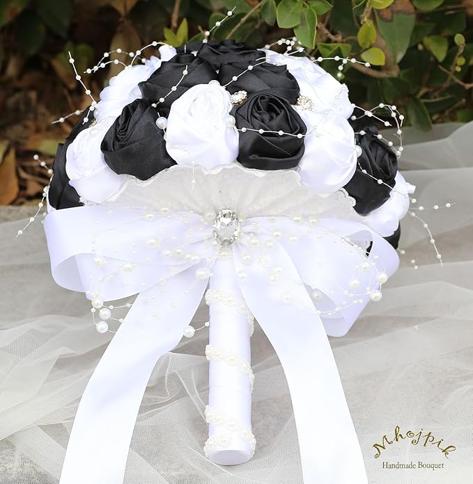 Bridal Wedding Bouquet Round Bling Brooch Bouquet Throw Toss Artificial Rose Flower Bunch for Bride Bridesmaid Wedding Quinceanera(White & Black, 6.3")