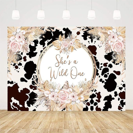 7x5ft She's a Wild One Backdrop for Girl 1st Birthday Party Decorations Holy Cow Highland Cattle Jungle Safari Rainforest Boho Floral Photography Background Bday Banner Photo Shoot Props