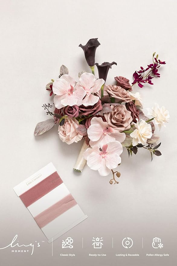Ling's moment Dusty Rose Wedding Bouquets for Bride, Pink Bridal Bouquets for Bride, 13 Inch Free Form Artificial Wedding Flower Bouquet