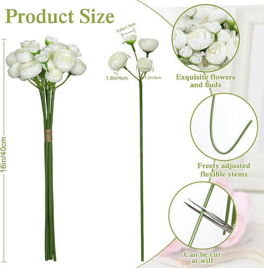 Ranunculus Artificial Flower White Faux Silk Mini Peony Flowers Fake Peonies Wedding Flowers DIY Bouquet for Centerpieces Arrangements Bridal Shower Decorations 18 Pcs(White)