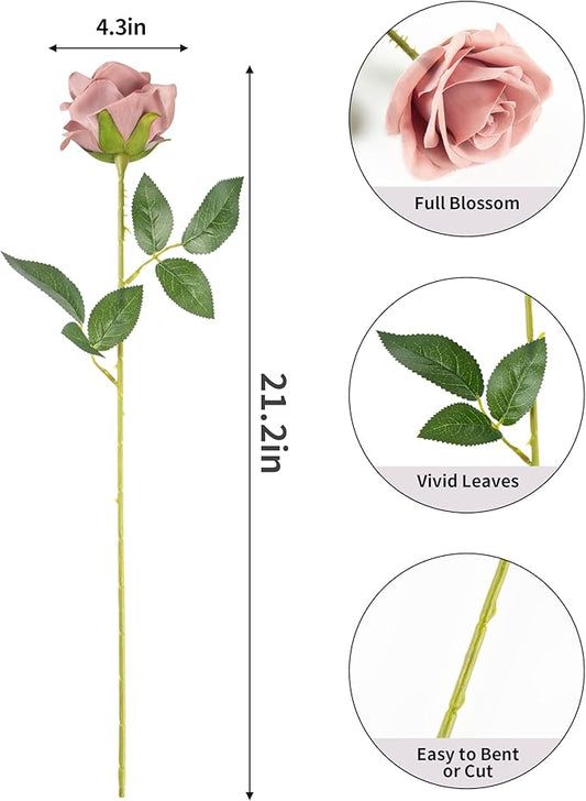 DuHouse 10pcs Silk Roses Artificial Flowers Fake Rose for Arrangement Wedding Party Home Decoration (Dusty Rose)