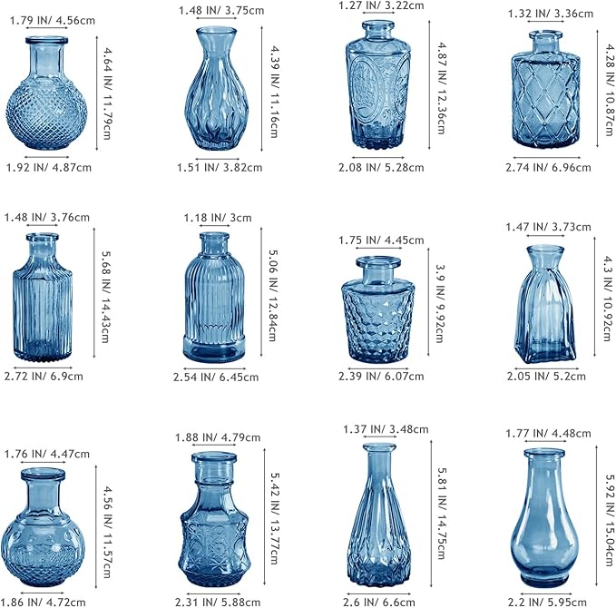 Blue Glass Vase Set of 12, Clear Bud Vase in Bulk, Small Flower Vases for Centerpieces, Mini Vases for Flowers, Vintage Decorative Embossed Vase for Home Decor, Wedding Table Decoration, Gift
