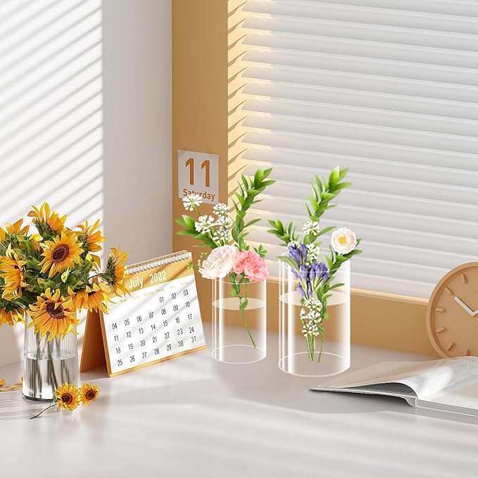 48 Pack Plastic Cylinder Vases, 4 6 8 10 Inch Tall Acrylic Cylinder Clear Flower Vase Set Bulk Glass Like Large Round Plastic Vases for Centerpiece Wedding Home Office