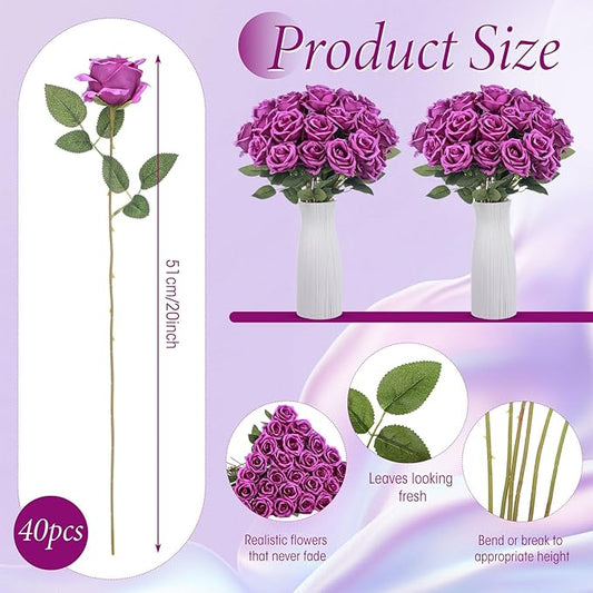 Hotop 40 Pcs Rose Artificial Flowers Bulk with Long Stem,Realistic Silk Fake Roses Bouquet for Home Wedding Centerpieces Party Table Decoration Valentines Gifts(Purple)