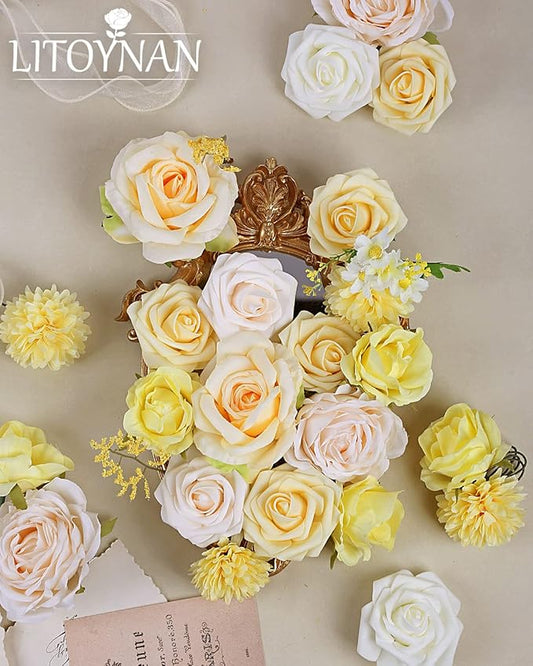 Artificial Flower Combo Flowers Exquisite Yellow Flower Box Set for DIY Bouquets Centerpieces Floral Arrangements, Multi Use Wedding Party Home Decorations Faux Flowers(Yellow & Peach )