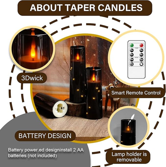 Flameless LED Candles with Timer 5 Pc Flickering Flameless Candles for Romantic Ambiance and Home Decoration Stable Acrylic Shell,with Embedded Star String,Battery Operated Candles(Black)
