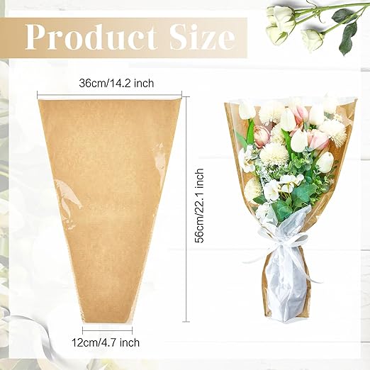 CLUEWR 50 PCS Flower Bags for Bouquets, Floral Wrapping Paper with Ribbons Florist Wrap Supplies, 22.1 x 14.2 Inches