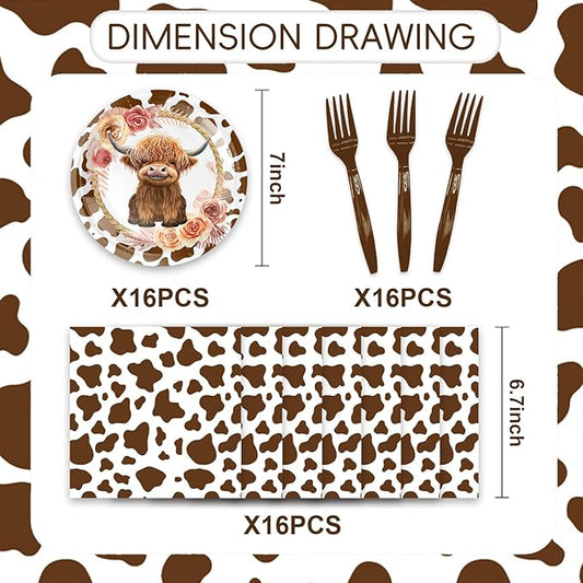 48pcs Highland Cow Party Decoration Set,16 Dessert plate,16 Napkin And 16 Fork,16 persons Highland Cow Baby Shower Disposable tableware,Used Holy Cow Baby Boy Birthday Party Supplies