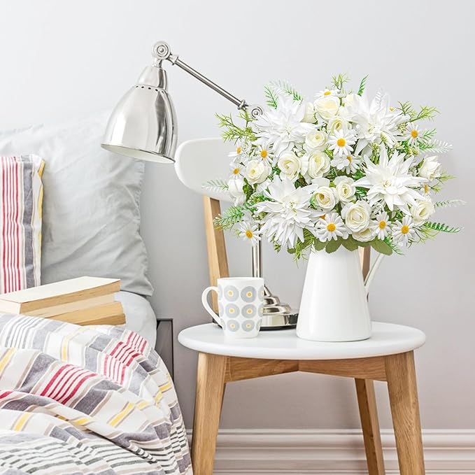 4PCS Artificial Flowers Dahlia Bouquet Fake Flowers White Silk Roses Daisies Faux Floral Arrangements for Dining Table Centerpieces for Kitchen Bridal Bouquet Wedding Party Home Decor