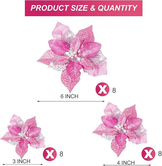 Boao 24 Pieces Christmas Artificial Glitter Poinsettia Flowers Xmas Flowers Wedding Christmas Tree New Year Ornaments (Pink)