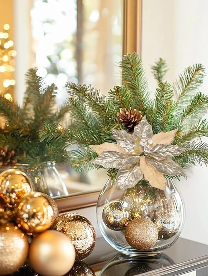 Hollyone 3PCS Poinsettia Christmas Flowers Artificial 11" Large Champagne Glitter Poinsettia Flowers Christmas Tree Ornaments Floral Picks for Tree Wreath Garland Vase Table Centerpiece Home Decor