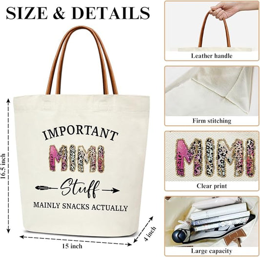 Canvas Tote Bag for Women, Important Stuff Bag with Leather Handle, Reusable Grocery Bags for Shopping Beach Travel
