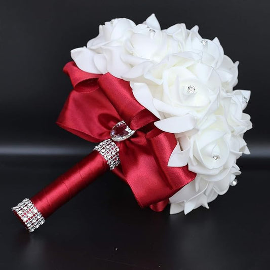 Wedding Bouquet, Wine Red Bouquet for Bride Bridesmaid with Diamond Soft Ribbons, Artificial Rose Bridal Holding Flowers for Party Church