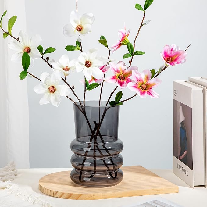 Grey Large Glass Vase for Flowers, 7" H x 4.7" W Flower Vases Decorative Wide Mouth Vase Vintage Glass Vases for Centerpieces Mantel Shelf Table Home Decor
