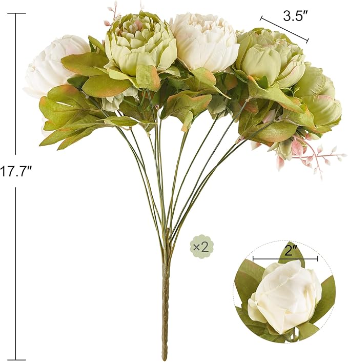 Mkono Peonies Artificial Flowers, 2 Packs 13 Stems Faux Peony Flowers Real Touch Fake Silk Bouquet for Arrangements Dining Table Centerpieces for Kitchen Bridal Wedding Party (2, New Green)