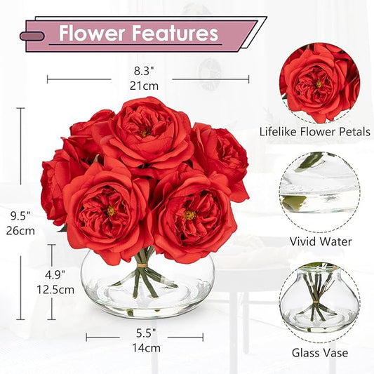 Hollyone Red Roses Peonies Artificial Flowers with Glass Vase Silk David Austin Roses Faux Flowers Arrangements with Clear Faux Water in Vase Fake Peonies Rose Peony Floral Bulk Bouquet Home Decor